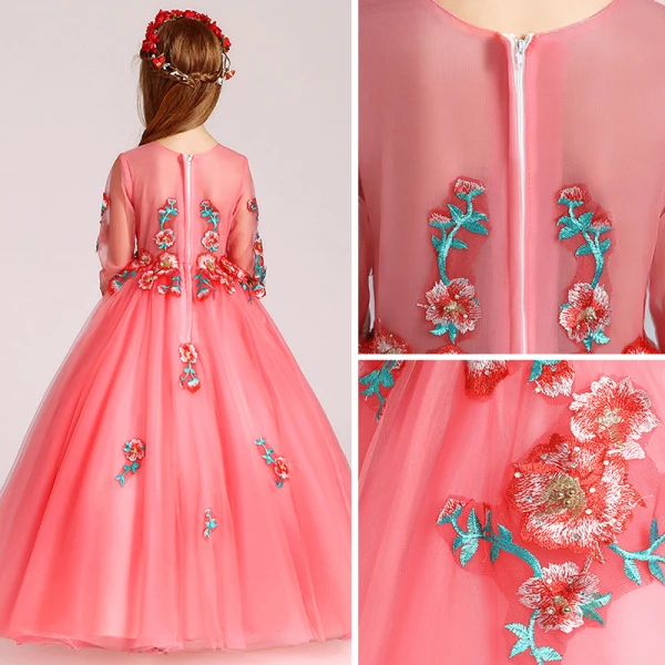 Chic / Beautiful Watermelon Flower Girl Dresses 2017 Ball Gown V-Neck 3/4 Sleeve Appliques Lace Rhinestone Pearl Floor-Length / Long Ruffle Wedding Party Dresses