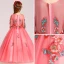 Chic / Beautiful Watermelon Flower Girl Dresses 2017 Ball Gown V-Neck 3/4 Sleeve Appliques Lace Rhinestone Pearl Floor-Length / Long Ruffle Wedding Party Dresses