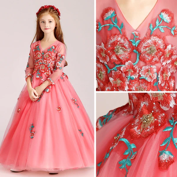 Chic / Beautiful Watermelon Flower Girl Dresses 2017 Ball Gown V-Neck 3/4 Sleeve Appliques Lace Rhinestone Pearl Floor-Length / Long Ruffle Wedding Party Dresses