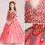 Chic / Beautiful Watermelon Flower Girl Dresses 2017 Ball Gown V-Neck 3/4 Sleeve Appliques Lace Rhinestone Pearl Floor-Length / Long Ruffle Wedding Party Dresses