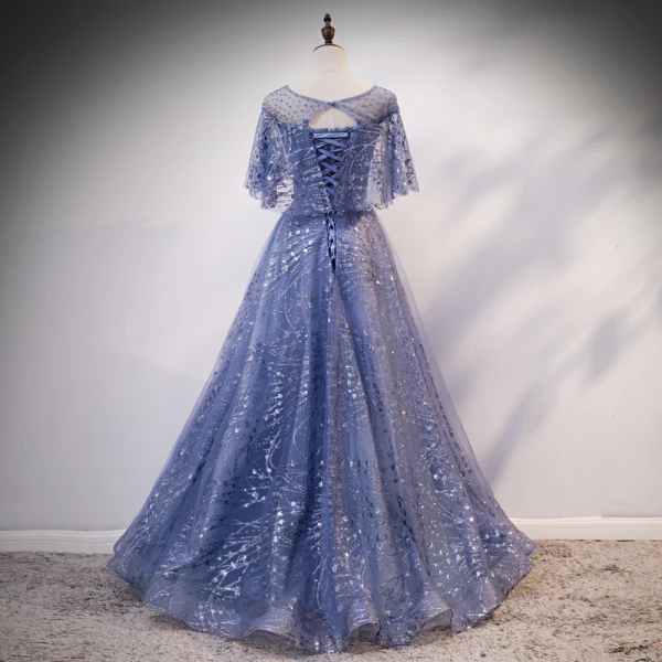 Élégant Océan Bleu Transparentes Robe De Soirée 2020 Princesse Encolure Dégagée Sans Manches Glitter Tulle Faux Diamant Perlage Paillettes Longue Volants Dos Nu
