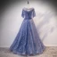 Élégant Océan Bleu Transparentes Robe De Soirée 2020 Princesse Encolure Dégagée Sans Manches Glitter Tulle Faux Diamant Perlage Paillettes Longue Volants Dos Nu