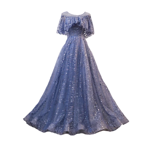 Élégant Océan Bleu Transparentes Robe De Soirée 2020 Princesse Encolure Dégagée Sans Manches Glitter Tulle Faux Diamant Perlage Paillettes Longue Volants Dos Nu