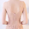Sexy Champagne See-through Evening Dresses  2018 Sheath / Fit V-Neck Sleeveless Appliques Lace Pearl Floor-Length / Long Ruffle Backless Formal Dresses