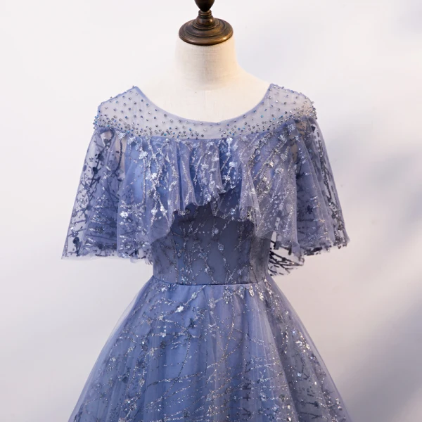 Élégant Océan Bleu Transparentes Robe De Soirée 2020 Princesse Encolure Dégagée Sans Manches Glitter Tulle Faux Diamant Perlage Paillettes Longue Volants Dos Nu