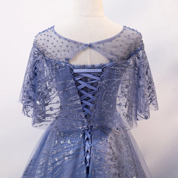 Élégant Océan Bleu Transparentes Robe De Soirée 2020 Princesse Encolure Dégagée Sans Manches Glitter Tulle Faux Diamant Perlage Paillettes Longue Volants Dos Nu