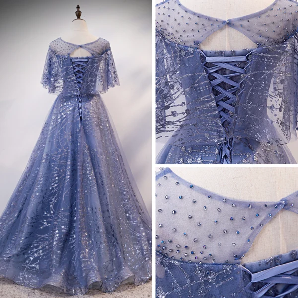 Élégant Océan Bleu Transparentes Robe De Soirée 2020 Princesse Encolure Dégagée Sans Manches Glitter Tulle Faux Diamant Perlage Paillettes Longue Volants Dos Nu