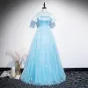 Chinese style Sky Blue See-through Evening Dresses  2020 A-Line / Princess High Neck Short Sleeve Appliques Lace Rhinestone Floor-Length / Long Ruffle Backless Formal Dresses