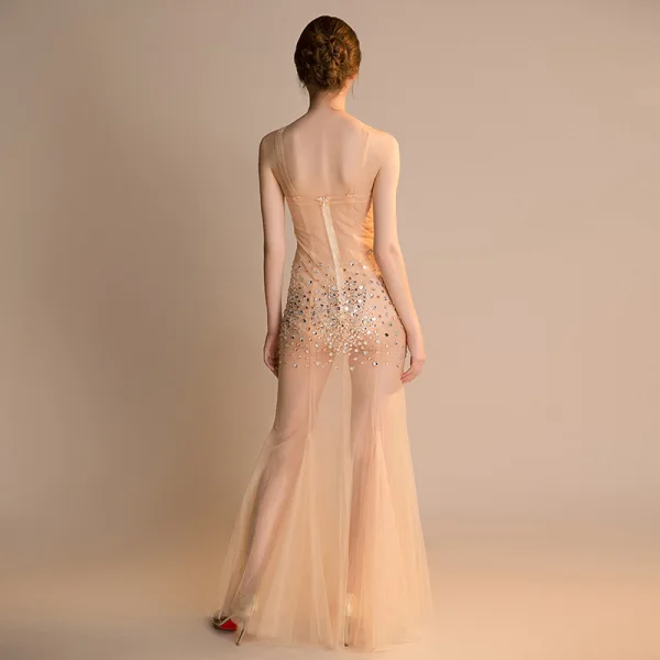 Sexy Champagne Transparentes Robe De Soirée 2018 Trompette / Sirène épaules Sans Manches Faux Diamant Perlage Longue Volants Dos Nu Robe De Ceremonie