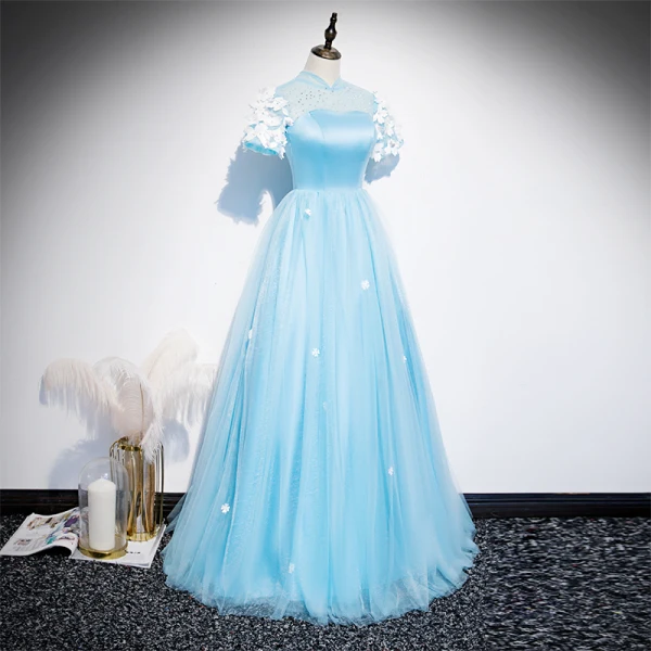 Chinese style Sky Blue See-through Evening Dresses 2020 A-Line / Princess High Neck Short Sleeve Appliques Lace Rhinestone Floor-Length / Long Ruffle Backless Formal Dresses