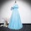 Chinese style Sky Blue See-through Evening Dresses  2020 A-Line / Princess High Neck Short Sleeve Appliques Lace Rhinestone Floor-Length / Long Ruffle Backless Formal Dresses