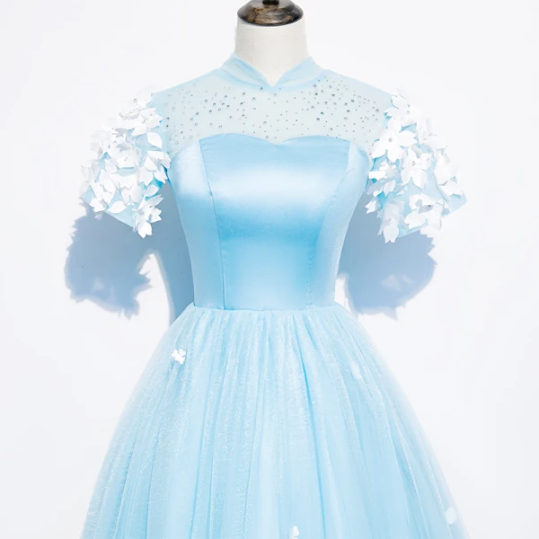 Chinese style Sky Blue See-through Evening Dresses 2020 A-Line / Princess High Neck Short Sleeve Appliques Lace Rhinestone Floor-Length / Long Ruffle Backless Formal Dresses