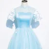 Chinese style Sky Blue See-through Evening Dresses  2020 A-Line / Princess High Neck Short Sleeve Appliques Lace Rhinestone Floor-Length / Long Ruffle Backless Formal Dresses