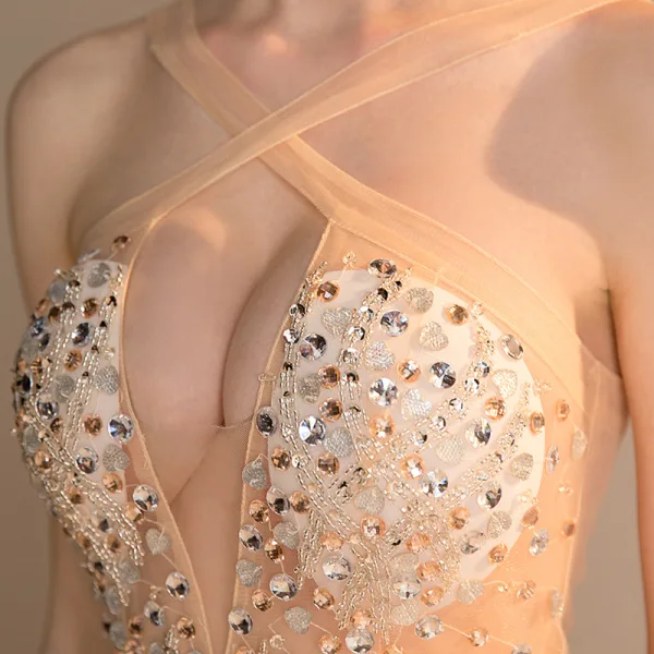 Sexy Champagne Transparentes Robe De Soirée 2018 Trompette / Sirène épaules Sans Manches Faux Diamant Perlage Longue Volants Dos Nu Robe De Ceremonie