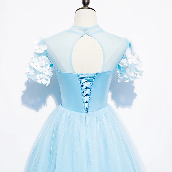 Chinese style Sky Blue See-through Evening Dresses 2020 A-Line / Princess High Neck Short Sleeve Appliques Lace Rhinestone Floor-Length / Long Ruffle Backless Formal Dresses