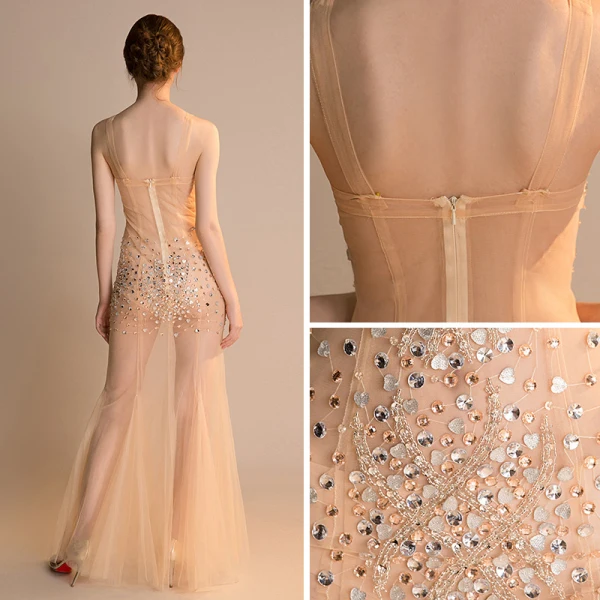 Sexy Champagne Transparentes Robe De Soirée 2018 Trompette / Sirène épaules Sans Manches Faux Diamant Perlage Longue Volants Dos Nu Robe De Ceremonie