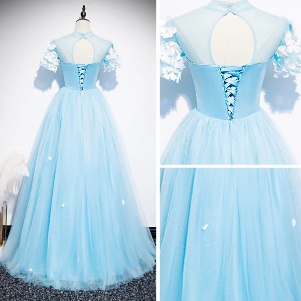 Chinese style Sky Blue See-through Evening Dresses 2020 A-Line / Princess High Neck Short Sleeve Appliques Lace Rhinestone Floor-Length / Long Ruffle Backless Formal Dresses