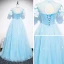 Chinese style Sky Blue See-through Evening Dresses  2020 A-Line / Princess High Neck Short Sleeve Appliques Lace Rhinestone Floor-Length / Long Ruffle Backless Formal Dresses