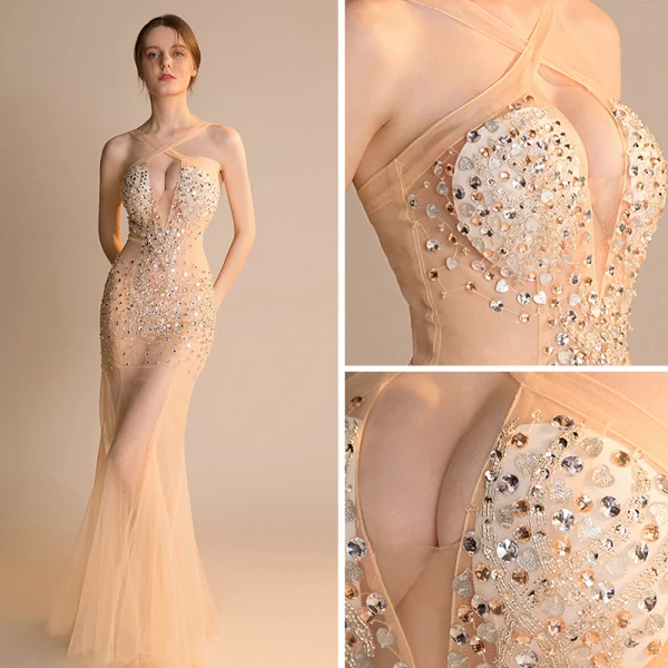 Sexy Champagne Transparentes Robe De Soirée 2018 Trompette / Sirène épaules Sans Manches Faux Diamant Perlage Longue Volants Dos Nu Robe De Ceremonie