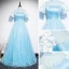 Chinese style Sky Blue See-through Evening Dresses  2020 A-Line / Princess High Neck Short Sleeve Appliques Lace Rhinestone Floor-Length / Long Ruffle Backless Formal Dresses