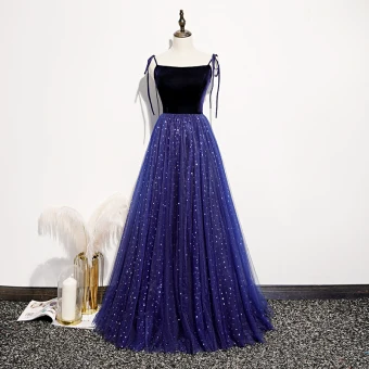 Chic Belle Bleu Roi Daim Robe De Soirée 2020 Princesse Bretelles Spaghetti Sans Manches Glitter Tulle Longue Volants Dos Nu Robe De Ceremonie