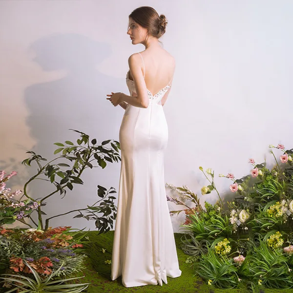 Sexy Ivoire Robe De Soirée 2018 Trompette / Sirène Bretelles Spaghetti Sans Manches Perlage Paillettes Fendue devant Longue Dos Nu Robe De Ceremonie