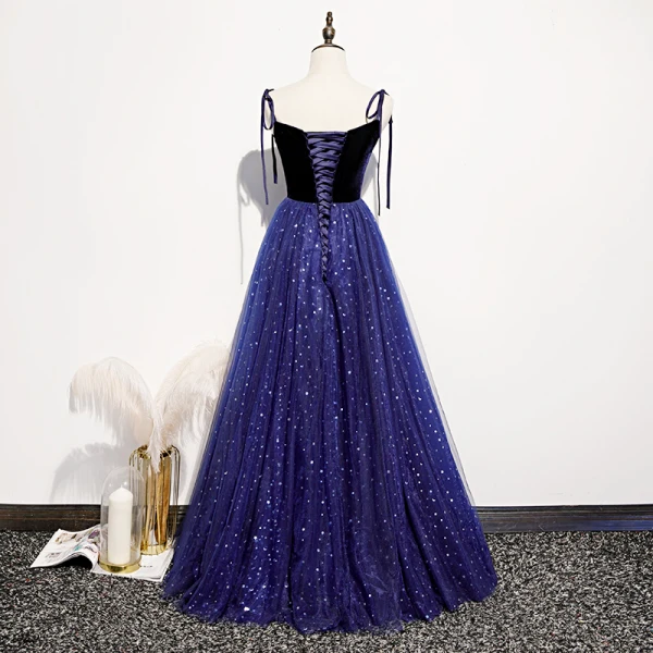 Chic / Beautiful Royal Blue Suede Evening Dresses 2020 A-Line / Princess Spaghetti Straps Sleeveless Glitter Tulle Floor-Length / Long Ruffle Backless Formal Dresses