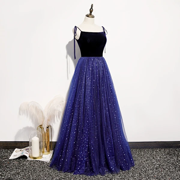 Chic / Beautiful Royal Blue Suede Evening Dresses 2020 A-Line / Princess Spaghetti Straps Sleeveless Glitter Tulle Floor-Length / Long Ruffle Backless Formal Dresses