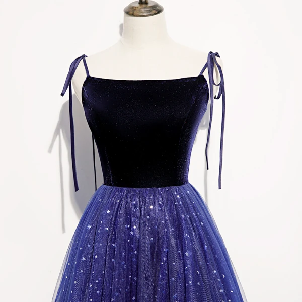 Chic / Beautiful Royal Blue Suede Evening Dresses 2020 A-Line / Princess Spaghetti Straps Sleeveless Glitter Tulle Floor-Length / Long Ruffle Backless Formal Dresses