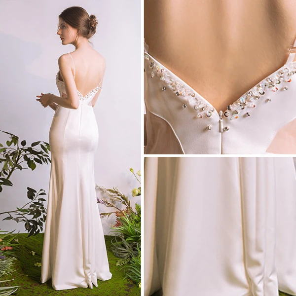 Sexy Ivoire Robe De Soirée 2018 Trompette / Sirène Bretelles Spaghetti Sans Manches Perlage Paillettes Fendue devant Longue Dos Nu Robe De Ceremonie