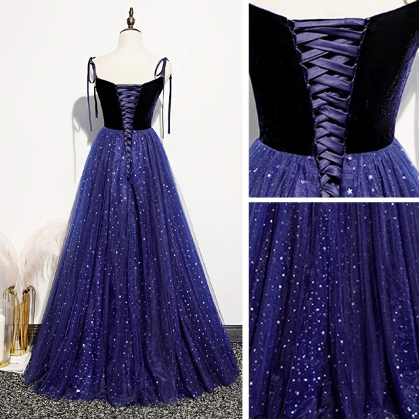 Chic / Beautiful Royal Blue Suede Evening Dresses 2020 A-Line / Princess Spaghetti Straps Sleeveless Glitter Tulle Floor-Length / Long Ruffle Backless Formal Dresses