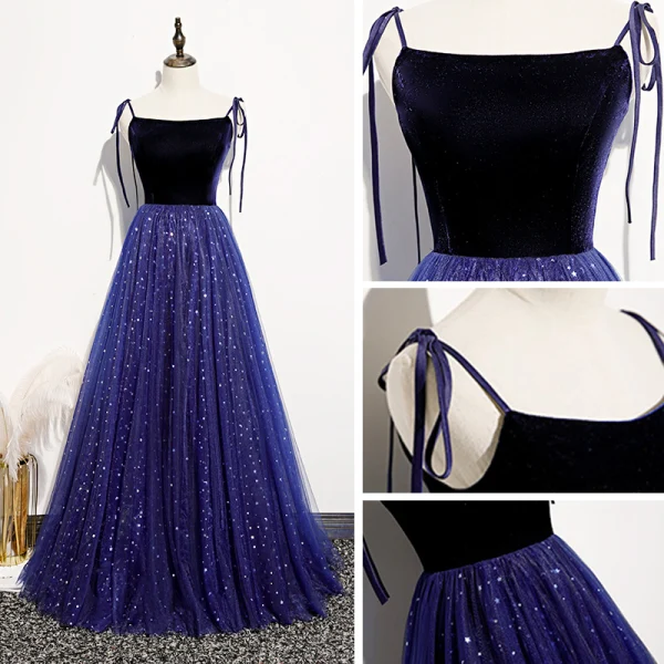 Chic / Beautiful Royal Blue Suede Evening Dresses 2020 A-Line / Princess Spaghetti Straps Sleeveless Glitter Tulle Floor-Length / Long Ruffle Backless Formal Dresses