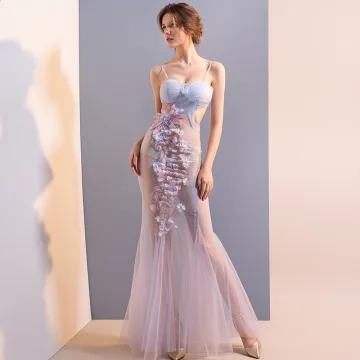 Sexy Bleu Ciel Transparentes Robe De Soirée 2018 Trompette Sirène Bretelles Spaghetti Sans Manches Appliques Fleur Faux Diamant Longue Volants Dos Nu Robe De Ceremonie