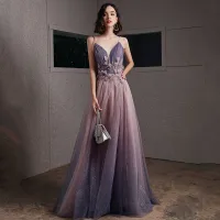 Sexy Blushing Pink Evening Dresses  2020 A-Line / Princess Spaghetti Straps Deep V-Neck Sleeveless Glitter Tulle Appliques Lace Beading Floor-Length / Long Ruffle Backless Formal Dresses