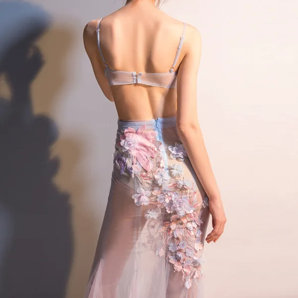 Sexy Himmelblau Durchsichtige Abendkleider 2018 Meerjungfrau Spaghettiträger Ärmellos Applikationen Blumen Strass Lange Rüschen Rückenfreies Festliche Kleider