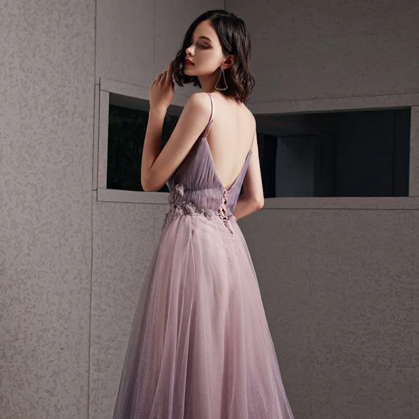 Sexy Rougissant Rose Robe De Soirée 2020 Princesse Bretelles Spaghetti Col v profond Sans Manches Glitter Tulle Appliques En Dentelle Perlage Longue Volants Dos Nu Robe De Ceremonie