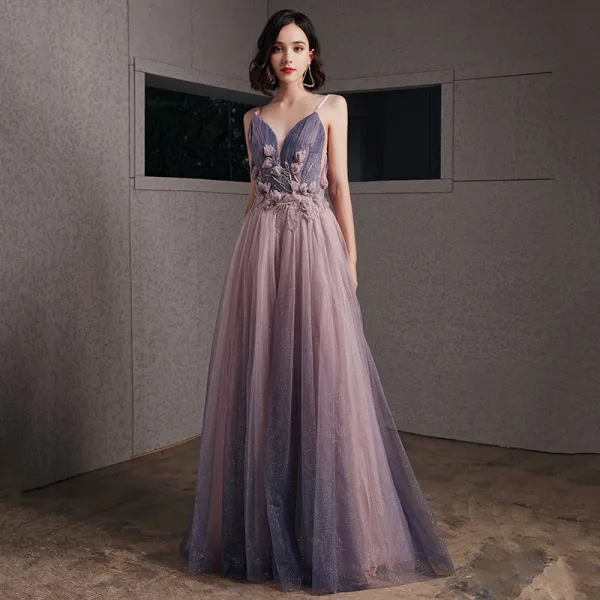 Sexy Rougissant Rose Robe De Soirée 2020 Princesse Bretelles Spaghetti Col v profond Sans Manches Glitter Tulle Appliques En Dentelle Perlage Longue Volants Dos Nu Robe De Ceremonie