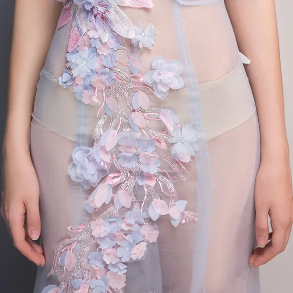 Sexy Himmelblau Durchsichtige Abendkleider 2018 Meerjungfrau Spaghettiträger Ärmellos Applikationen Blumen Strass Lange Rüschen Rückenfreies Festliche Kleider