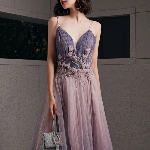 Sexy Rougissant Rose Robe De Soirée 2020 Princesse Bretelles Spaghetti Col v profond Sans Manches Glitter Tulle Appliques En Dentelle Perlage Longue Volants Dos Nu Robe De Ceremonie