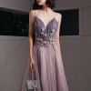 Sexy Blushing Pink Evening Dresses  2020 A-Line / Princess Spaghetti Straps Deep V-Neck Sleeveless Glitter Tulle Appliques Lace Beading Floor-Length / Long Ruffle Backless Formal Dresses