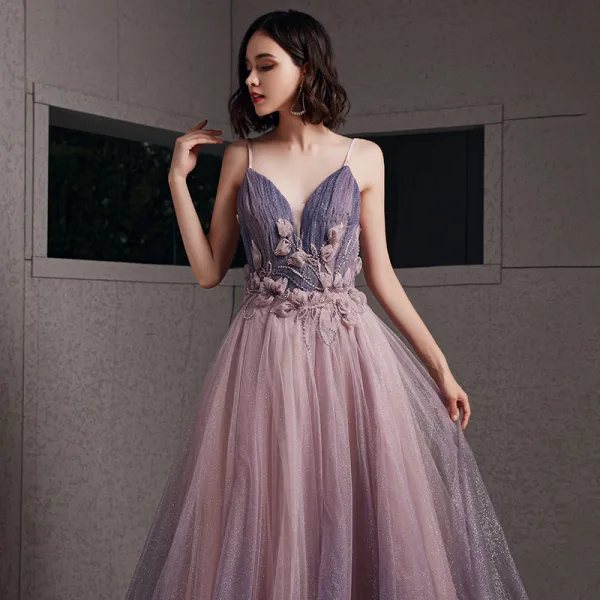 Sexy Rougissant Rose Robe De Soirée 2020 Princesse Bretelles Spaghetti Col v profond Sans Manches Glitter Tulle Appliques En Dentelle Perlage Longue Volants Dos Nu Robe De Ceremonie