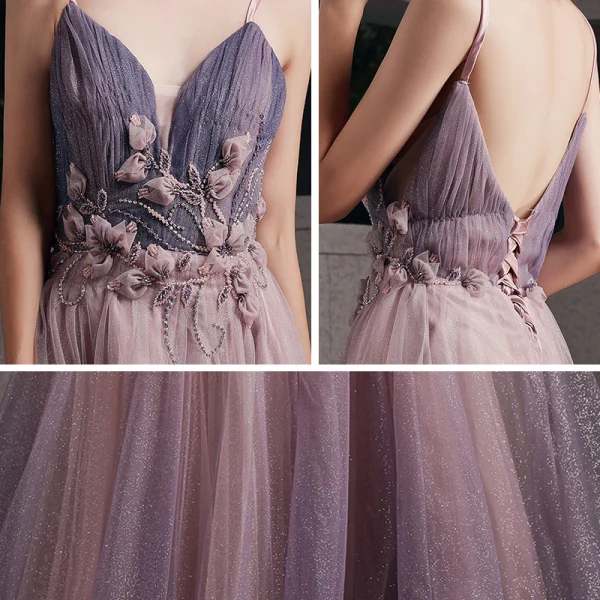 Sexy Rougissant Rose Robe De Soirée 2020 Princesse Bretelles Spaghetti Col v profond Sans Manches Glitter Tulle Appliques En Dentelle Perlage Longue Volants Dos Nu Robe De Ceremonie