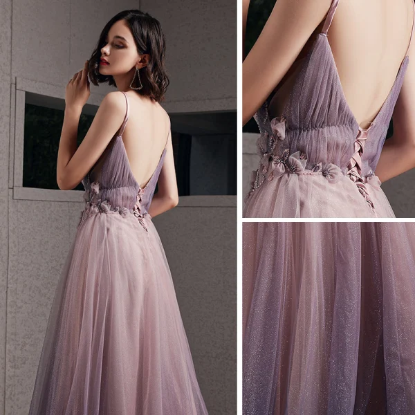 Sexy Rougissant Rose Robe De Soirée 2020 Princesse Bretelles Spaghetti Col v profond Sans Manches Glitter Tulle Appliques En Dentelle Perlage Longue Volants Dos Nu Robe De Ceremonie