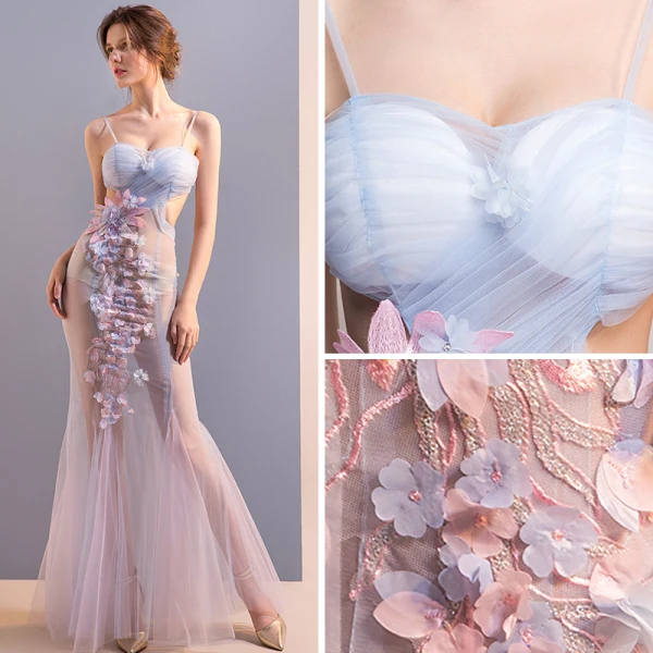Sexy Himmelblau Durchsichtige Abendkleider 2018 Meerjungfrau Spaghettiträger Ärmellos Applikationen Blumen Strass Lange Rüschen Rückenfreies Festliche Kleider
