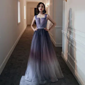 Elegant Purple Gradient Color Evening Dresses 2020 A Line Princess Shoulders Sleeveless Rhinestone Beading Sash Floor Length Long Ruffle Backless Formal Dresses