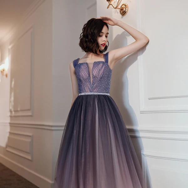 Elegante Violett Farbverlauf Abendkleider 2020 A Linie Schultern Ärmellos Strass Perlenstickerei Stoffgürtel Lange Rüschen Rückenfreies Festliche Kleider