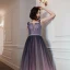 Elegante Violett Farbverlauf Abendkleider 2020 A Linie Schultern Ärmellos Strass Perlenstickerei Stoffgürtel Lange Rüschen Rückenfreies Festliche Kleider