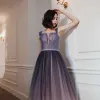 Elegant Purple Gradient-Color Evening Dresses  2020 A-Line / Princess Shoulders Sleeveless Rhinestone Beading Sash Floor-Length / Long Ruffle Backless Formal Dresses