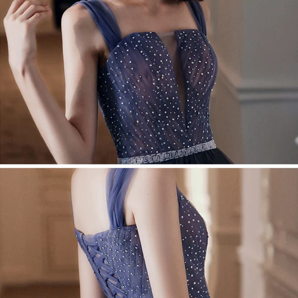 Elegante Violett Farbverlauf Abendkleider 2020 A Linie Schultern Ärmellos Strass Perlenstickerei Stoffgürtel Lange Rüschen Rückenfreies Festliche Kleider