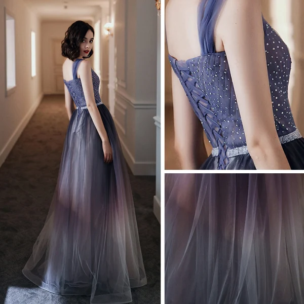 Elegante Violett Farbverlauf Abendkleider 2020 A Linie Schultern Ärmellos Strass Perlenstickerei Stoffgürtel Lange Rüschen Rückenfreies Festliche Kleider